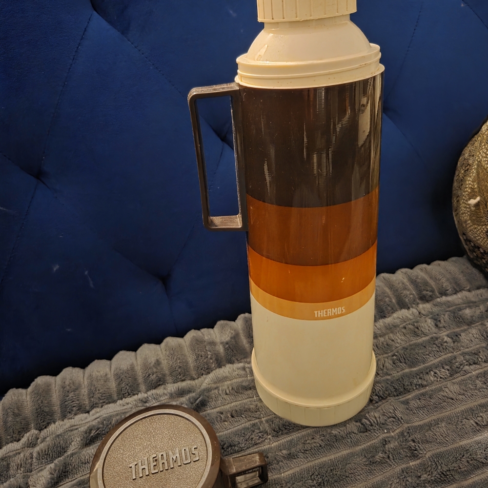 Vintage, Authentic Thermos Brown and Cream Striped Thermos